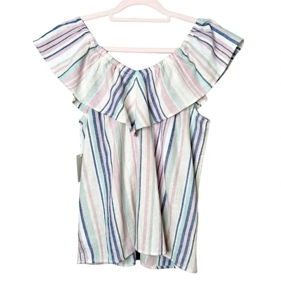 Ava James NWT Linen Blend Off The Shoulder Blouse Sz M Pastel Striped Pink Blue - Picture 2 of 10